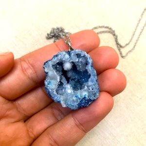 Dyed Blue Druzy Geode Pendant Necklace with Antique Silver Chain